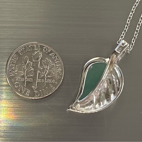 Sterling Silver 925 Jadeite Jade Leaf Pendant 19.5" Chain Necklace - Picture 8 of 15